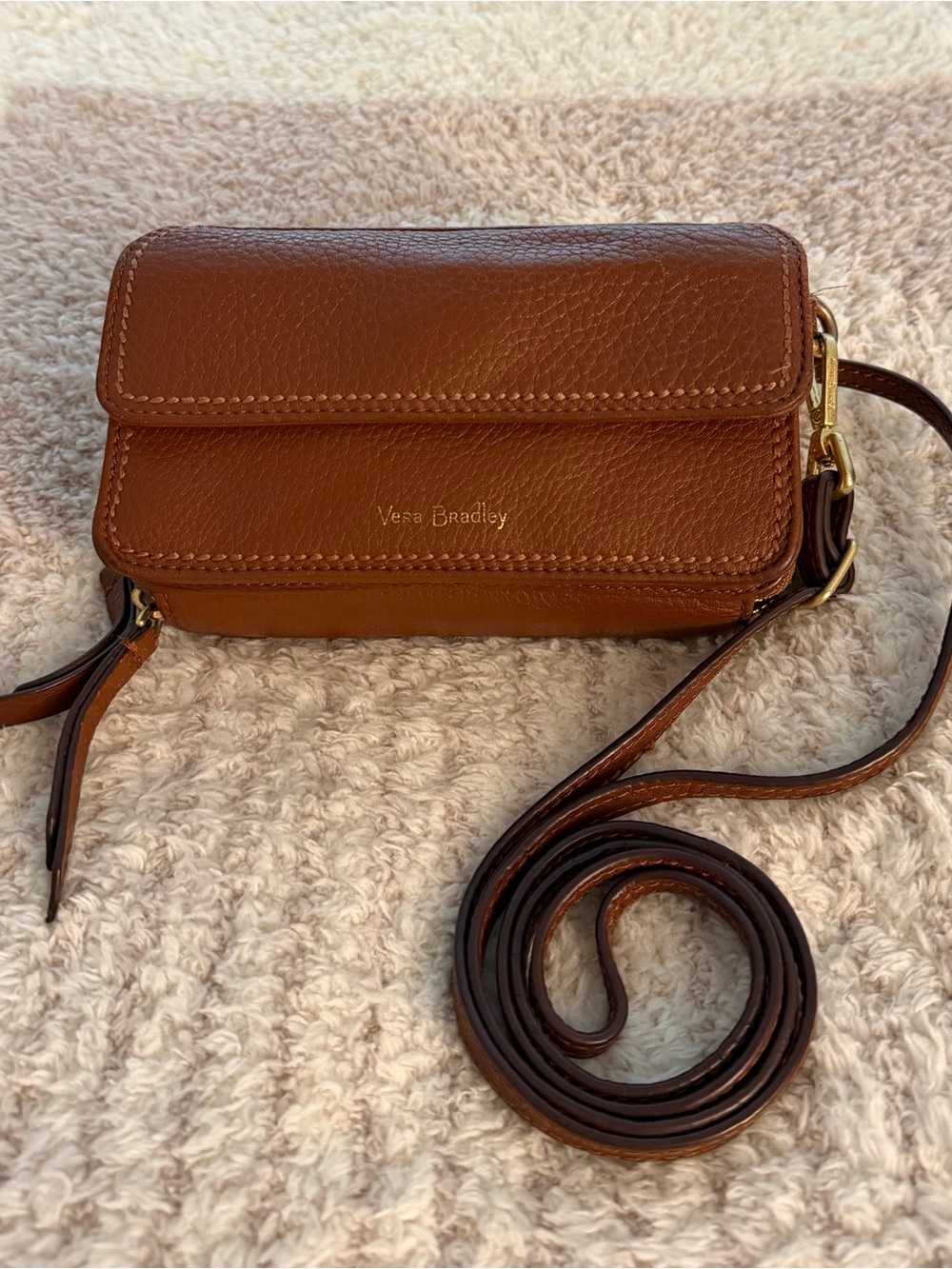 Vera Bradley Cognac Leather Wallet Crossbody Bag Floral Lining